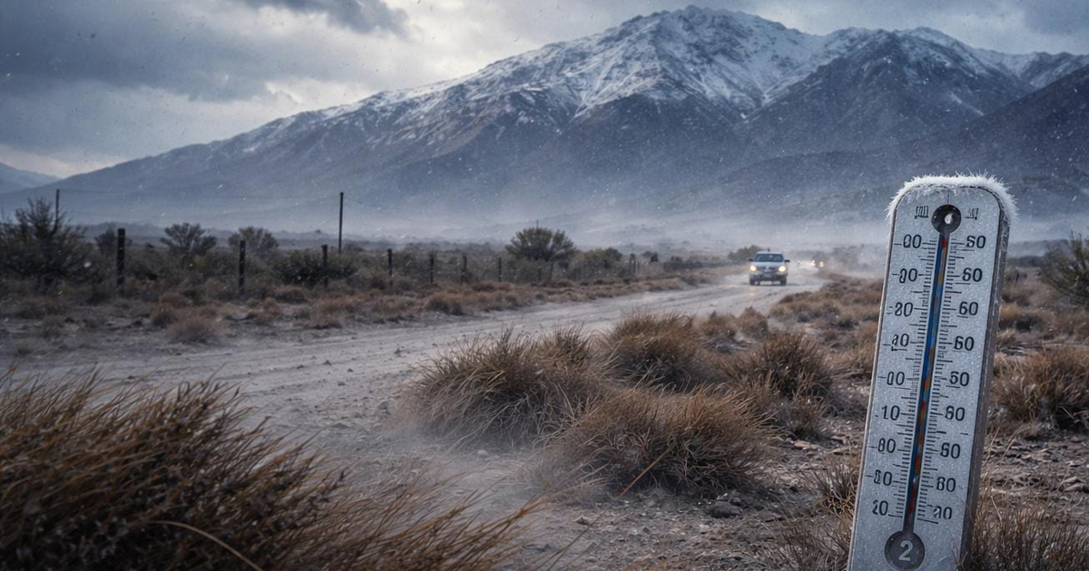 Paisaje desértico con termómetro, montañas nevadas y carretera de tierra en Sinaloa durante el frente frío 27
