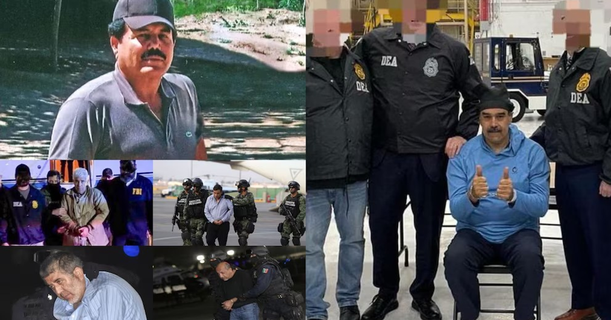 Collage de fotografías que incluyen la detención de individuos en contexto legal, destacando la captura de Nicolás Maduro por narcoterrorismo en Brooklyn.