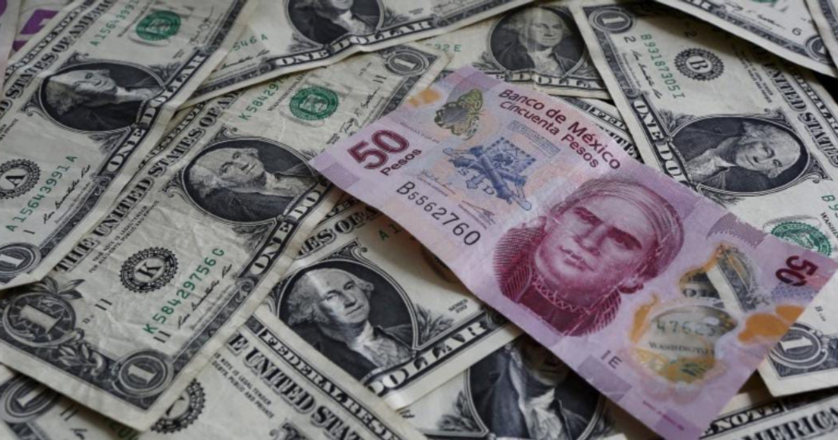 Billetes de dólar de diferentes denominaciones junto a un billete mexicano de 50 pesos, destacándose por su color vibrante.