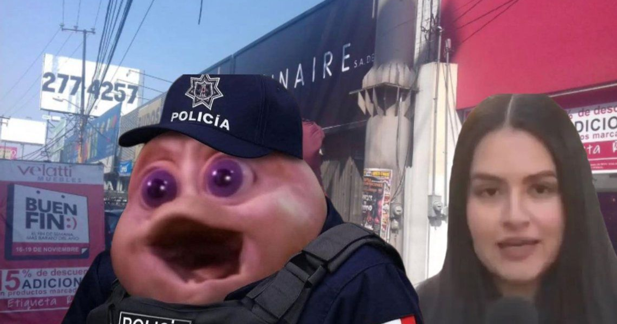 Caricaturas de un policía y reportera en un escenario urbano humorístico, relacionado con un incidente en Naucalpan sobre extorsión policial.