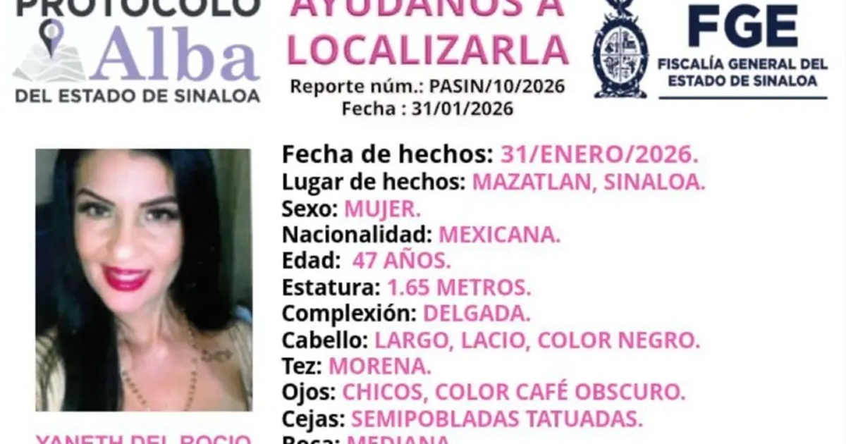 Ficha de búsqueda de Yaneth Martínez en Mazatlán.